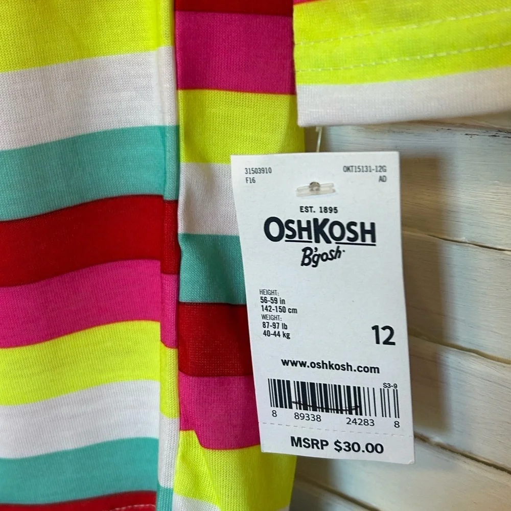 Girls size 12 Oshkosh BGosh Rainbow Striped Ruffle Long Sleeve Nightgown NWT